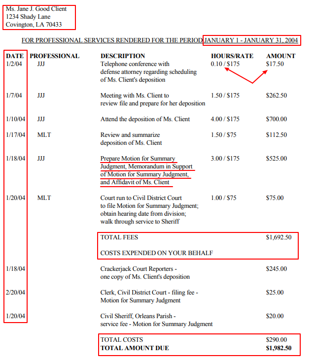 Sample invoice for client billing. Annotated with components that are addressed in the following paragraphs.