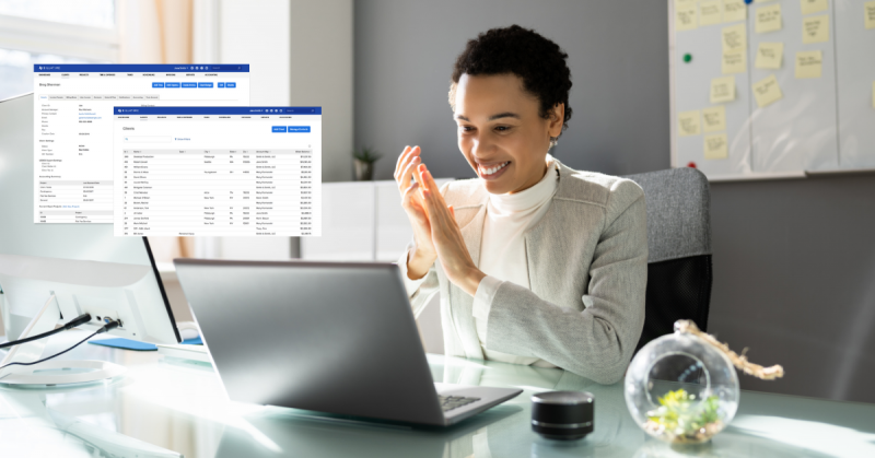 Person in front of laptop with Bill4Time client relationship management feature screen