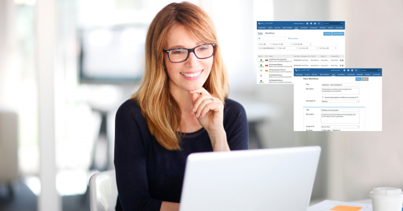 Person using laptop with Bill4Time task management and workflow feature screens
