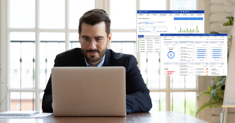 Person using laptop with Bill4Time time tracking software feature screens