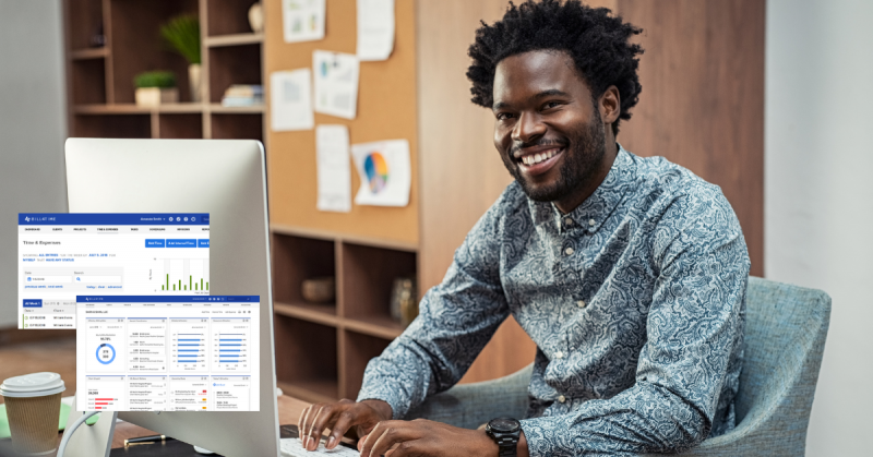 Person on laptop with Bill4Time time and expense feature screens