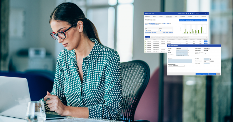 Person using laptop with Bill4Time legal time and expense reporting software feature screens