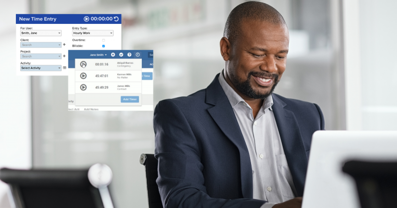 Person using laptop with Bill4Time time tracking for lawyers feature screens