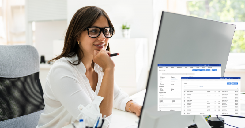 Person using laptop with Bill4Time time tracking software feature screens