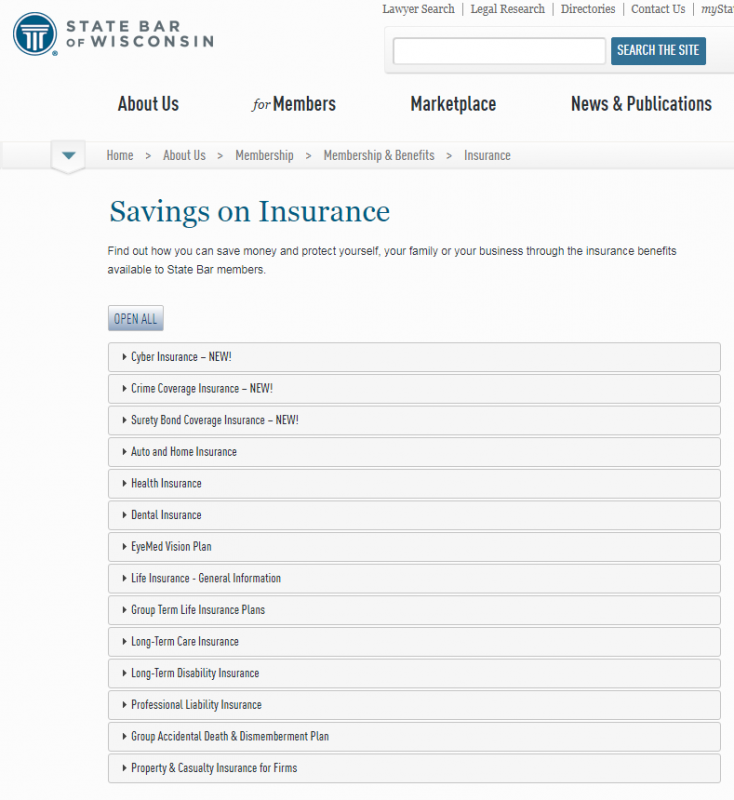 list of insurance types offered by the state bar of Wisconsin