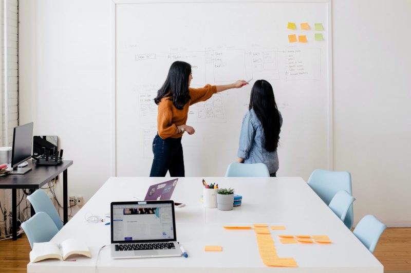 Two people planning with sticky notes