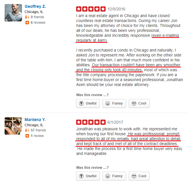 Positive Yelp reviews for real estate attorney Jonathan Aven