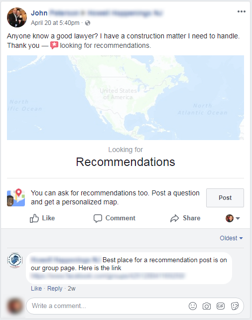 facebook recommendations lawyer referral request