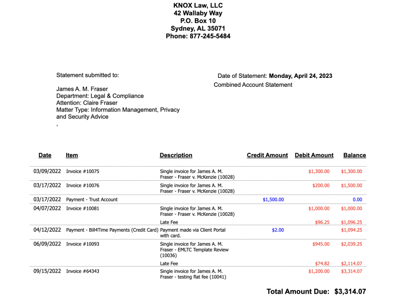 sample attorney billing statement