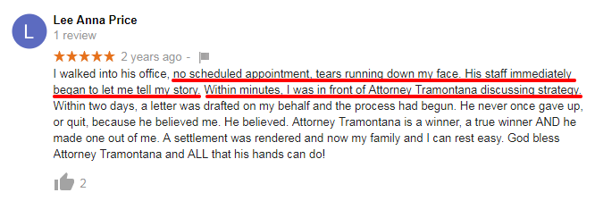 Positive Google Review for attorney Tramontana