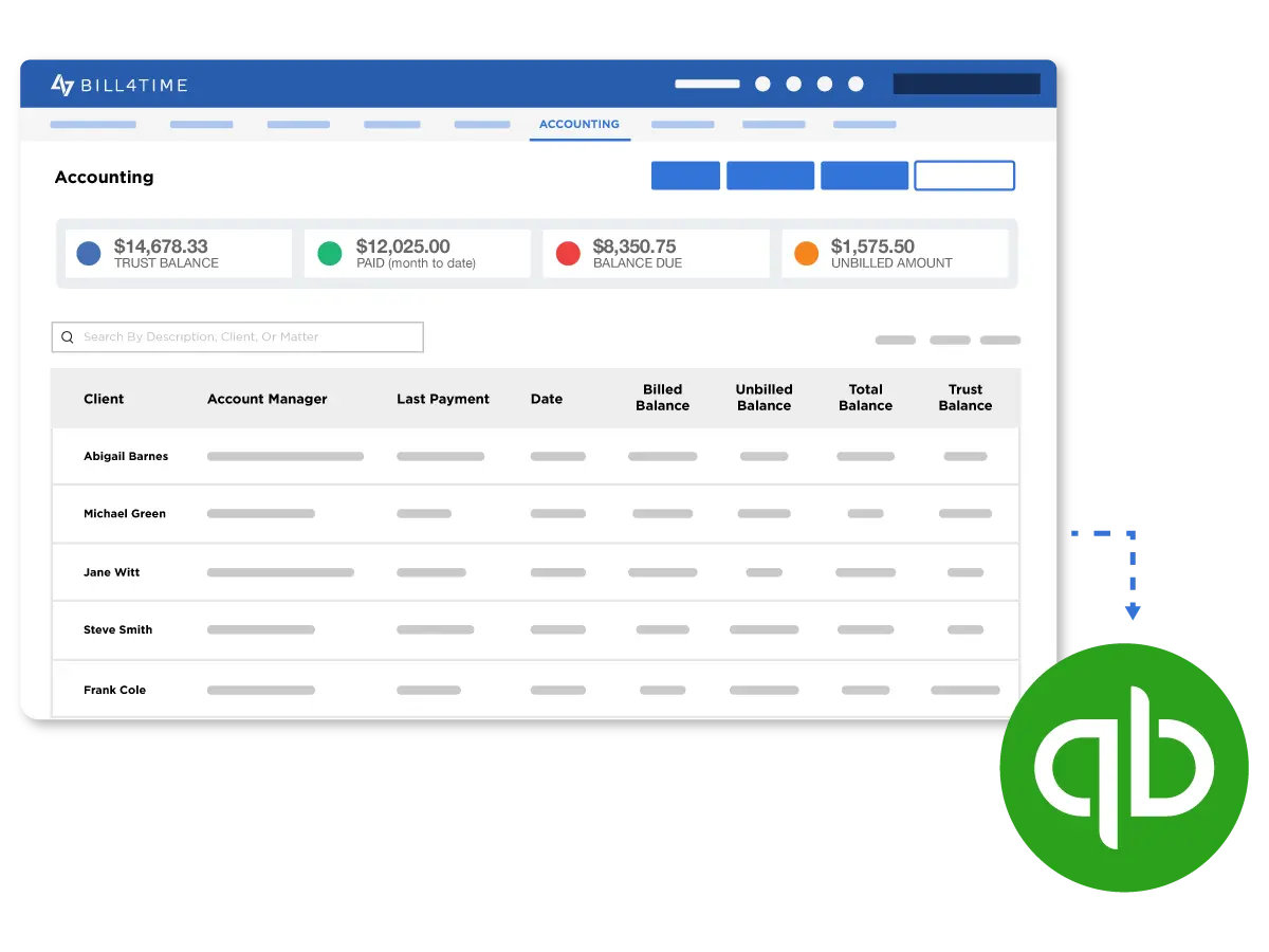 Bill4Time's accounting dashboard with the QuickBooks logo next to it