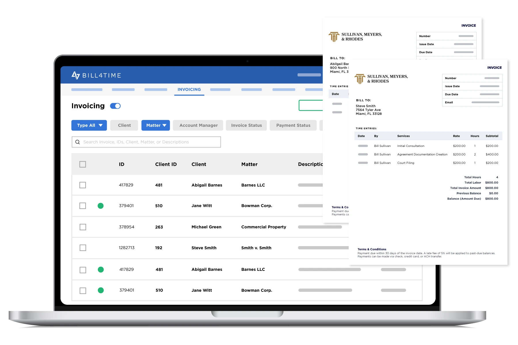 Viewing all client invoice records in a dashboard