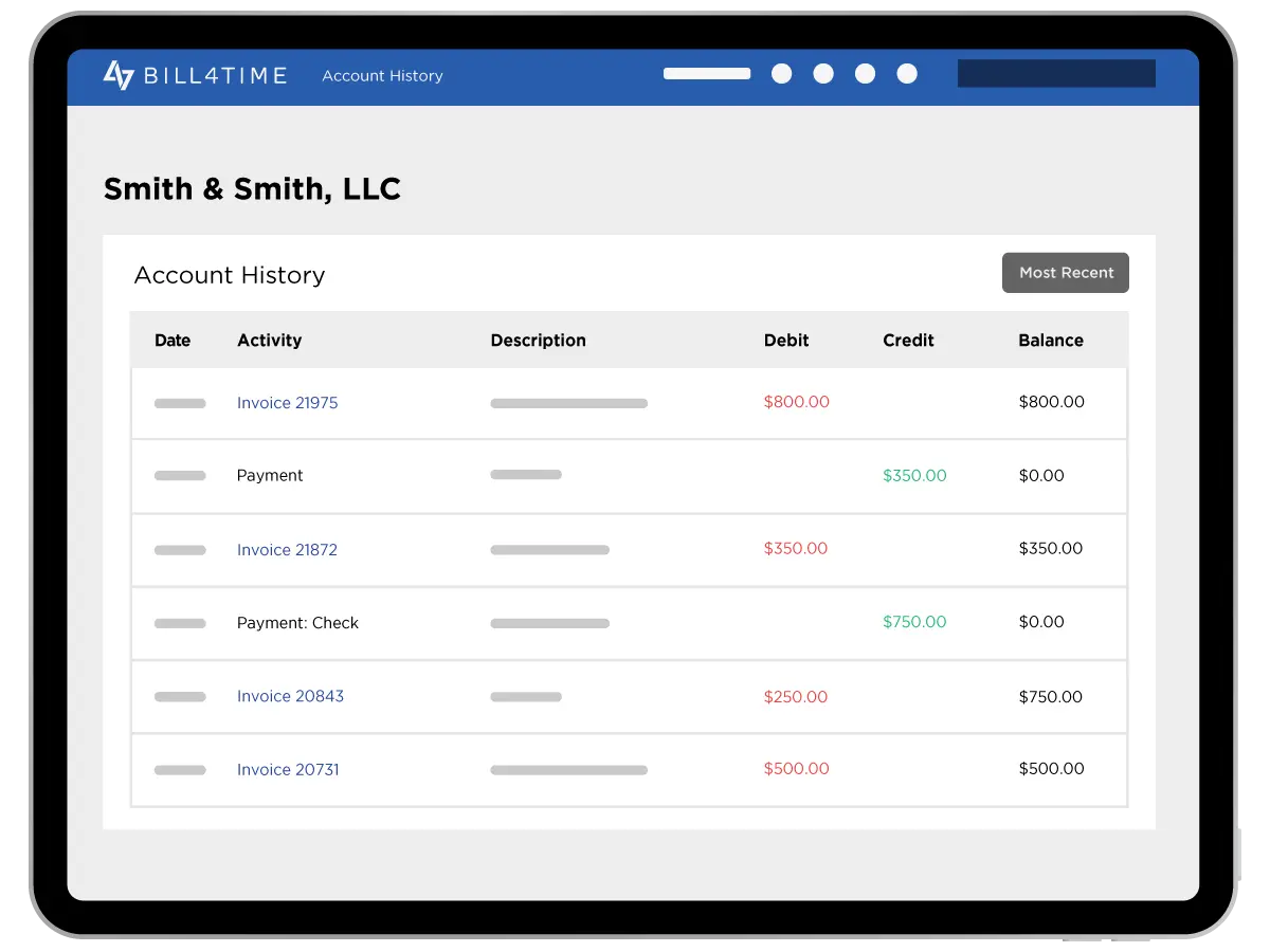 An account history overview of a law firm