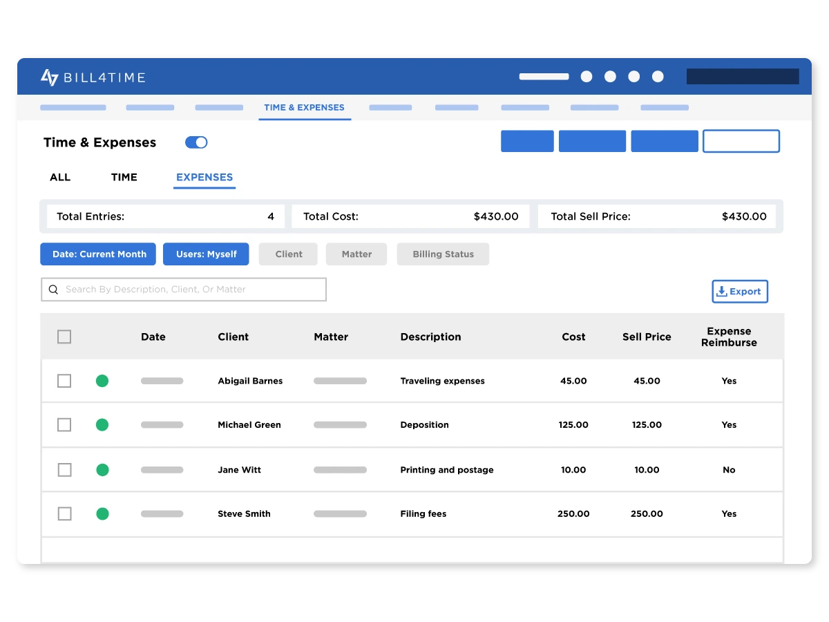 Tracking time and expense reporting in a grid view