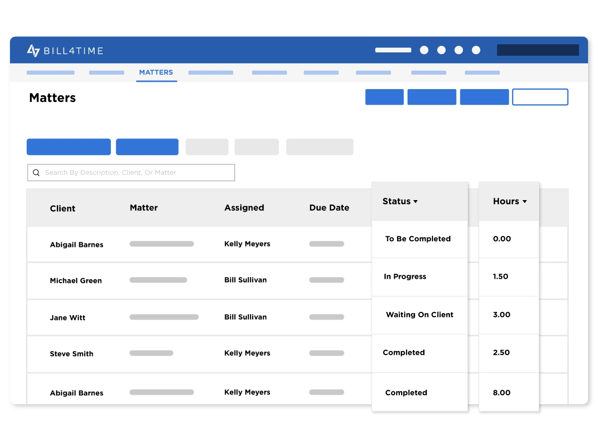 Bill4Time matters dashboard