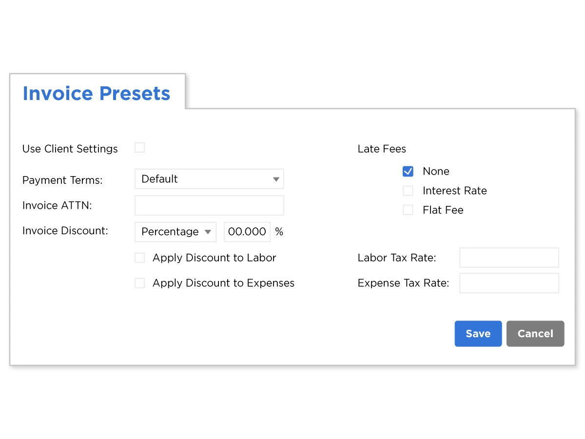 Pre-setting invoice rates and fees