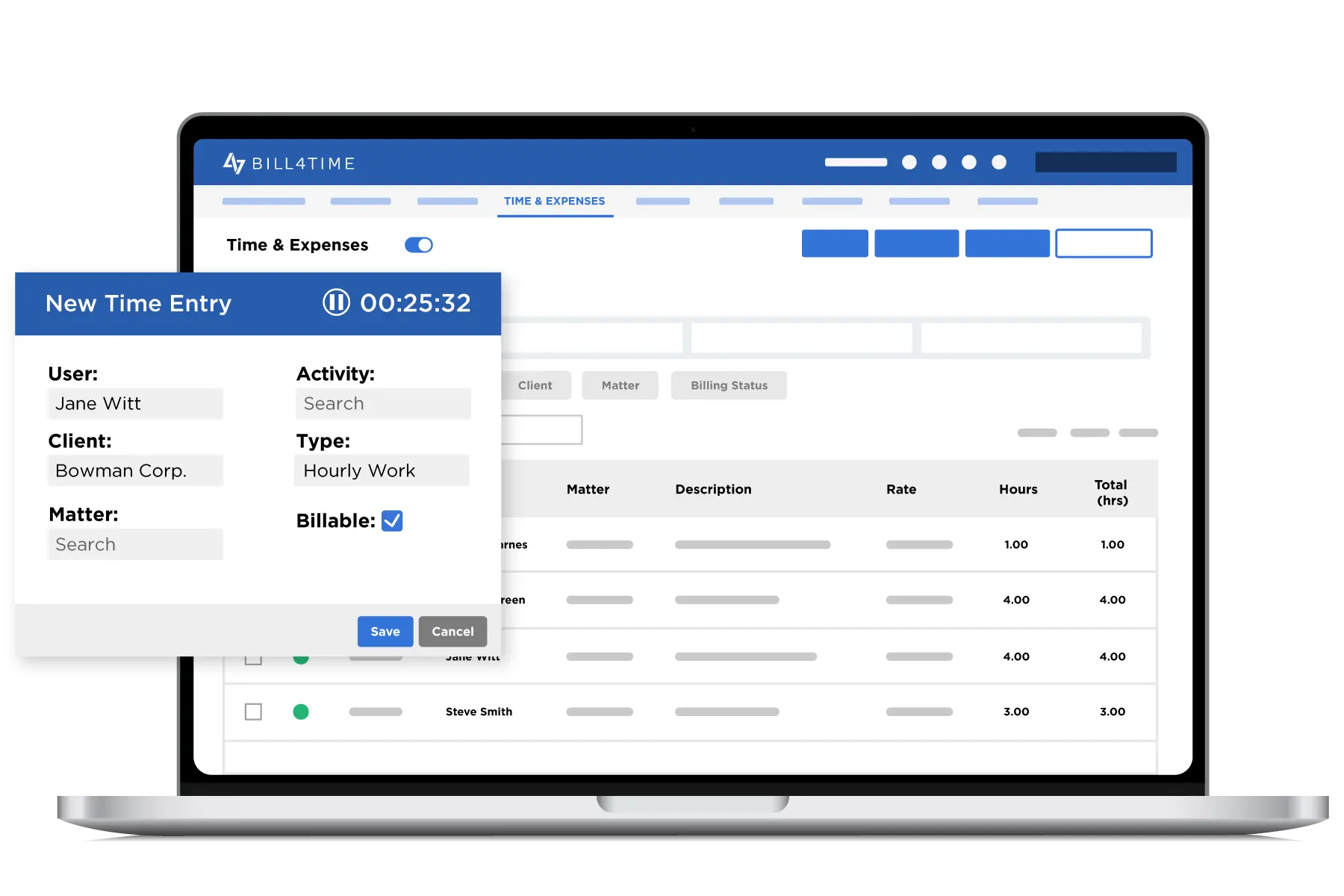 Creating a new time entry in Bill4Time