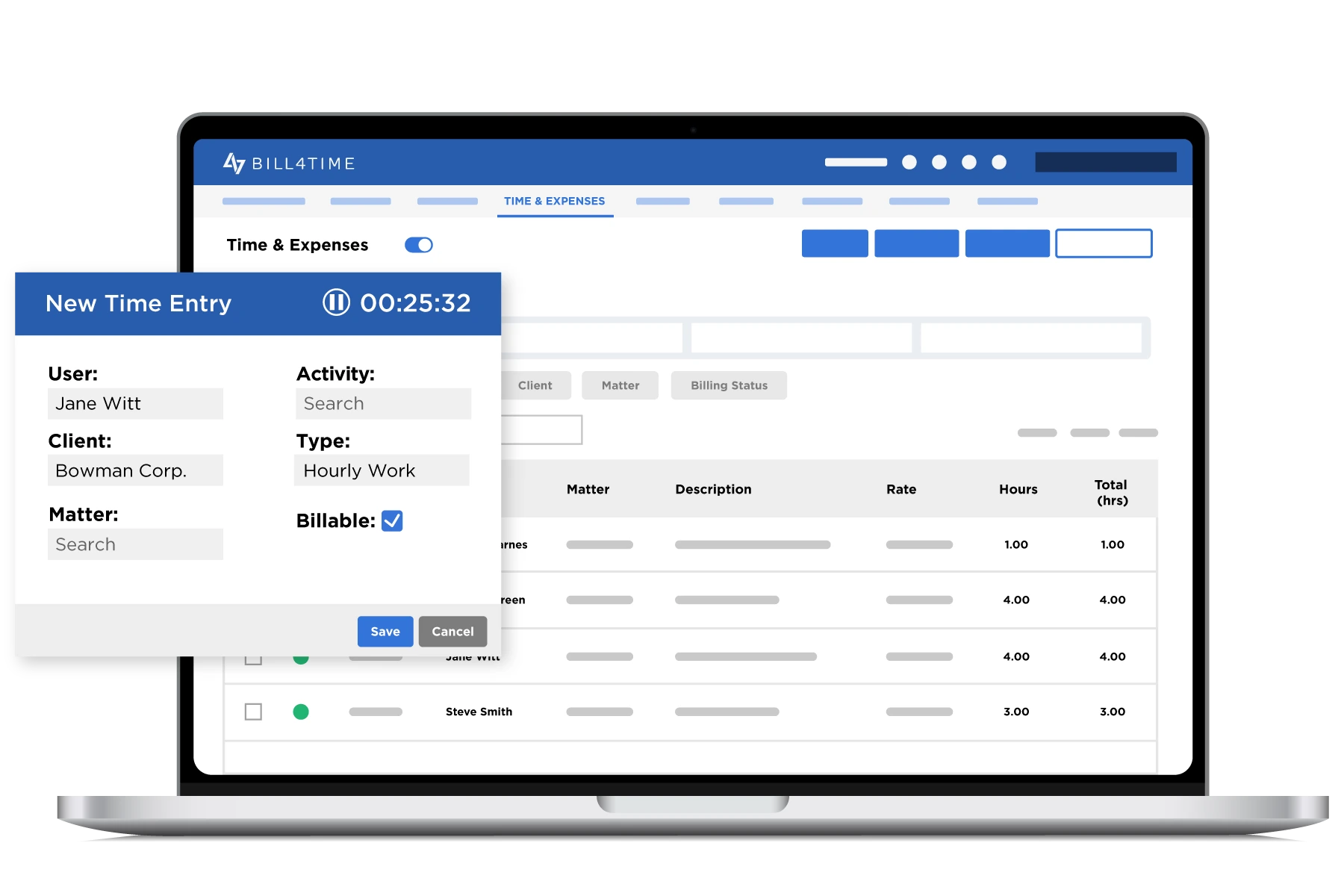New time entry popup in Bill4Time