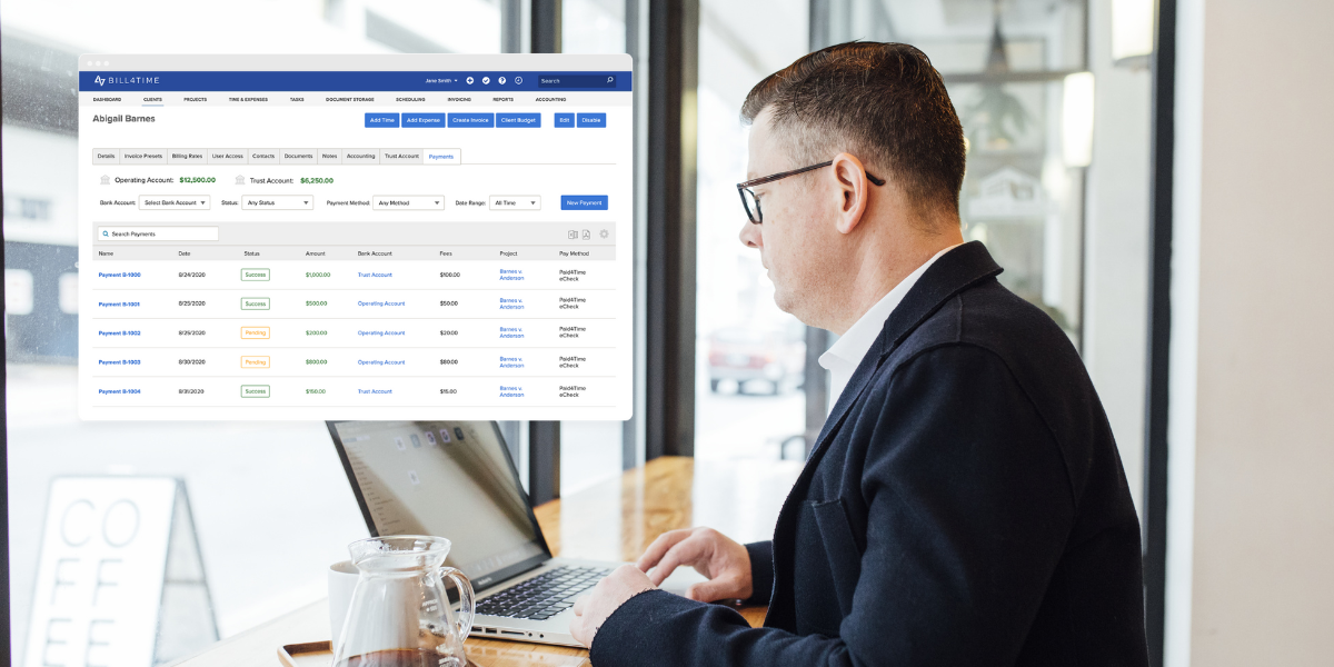 A male lawyer on a laptop looking at Bill4Time's attorney billing software
