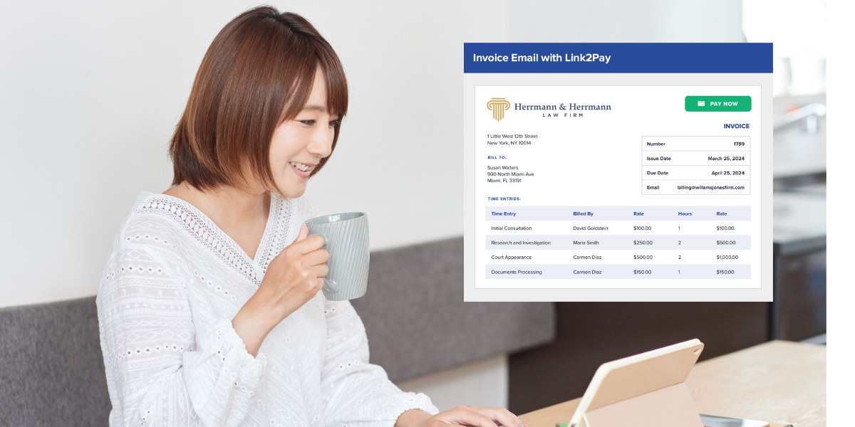 Woman attorney drinking coffee and looking at Bill4Time software on her computer