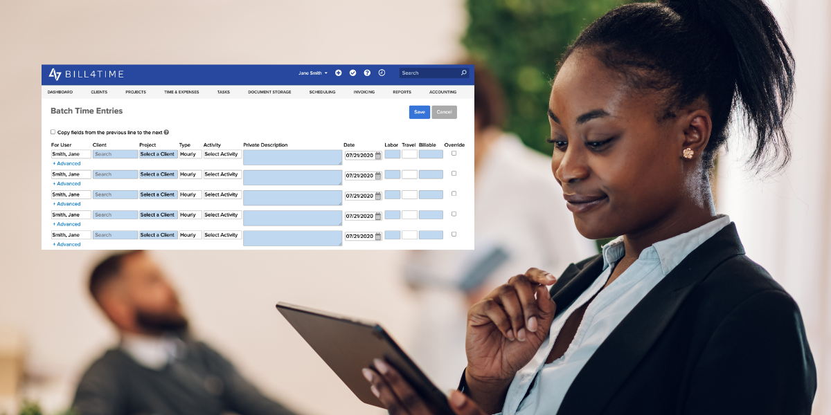A woman lawyer using her tablet to use Bill4Time's legal billing software dashboard