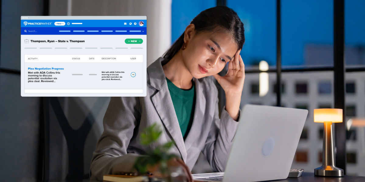 Woman lawyer in her office at night looking at Bill4Time's legal billing software