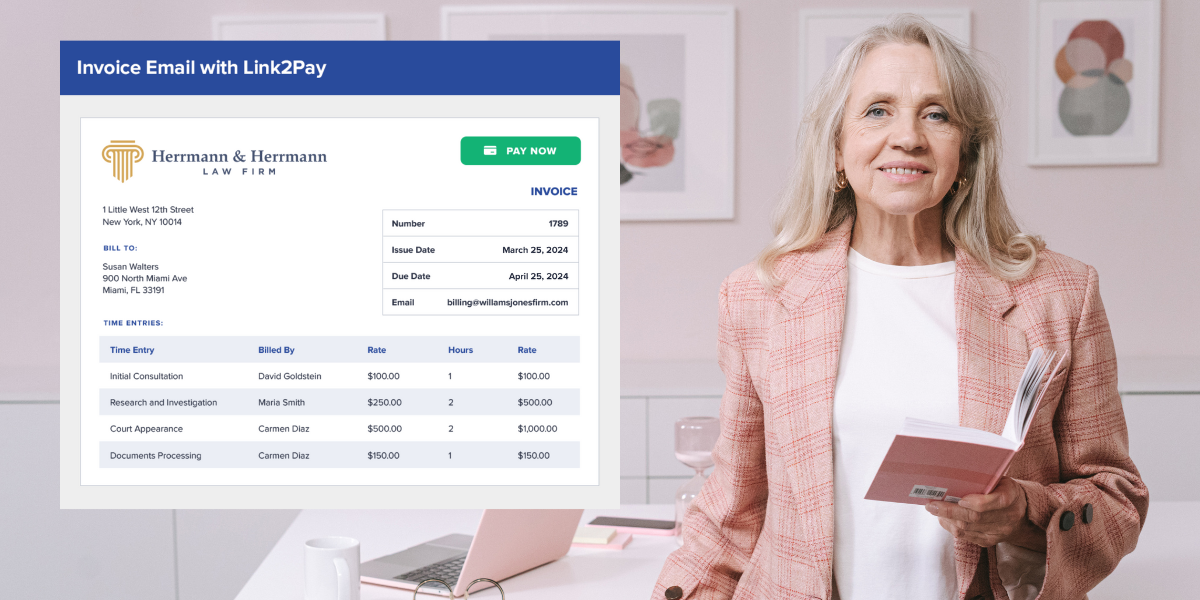 A female lawyer in her office reviewing client payments in Bill4Time