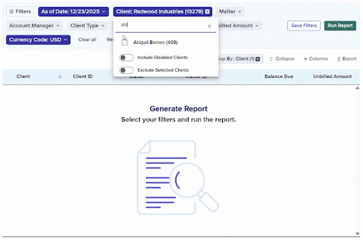 GIF of an Account Balance Report in Bill4Time