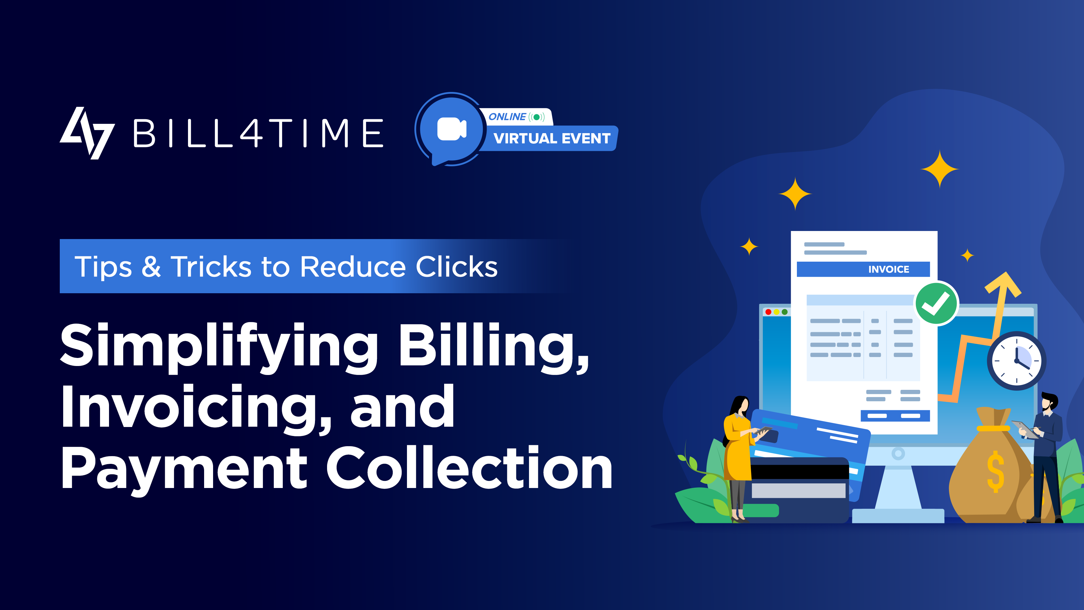 Webinar graphic highlighting Bill4Time's invoicing features