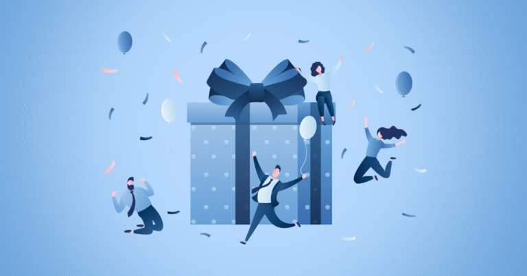 illustration. big present with animated characters celebrating.