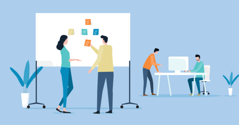 A group of lawyers standing at a white board in a conference room discussing how to improve productivity