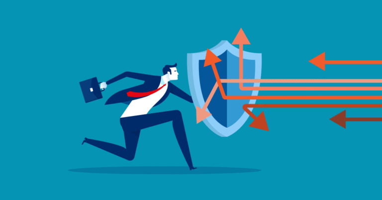 Illustration of a lawyer and shield protecting firm from cybersecurity breaches.