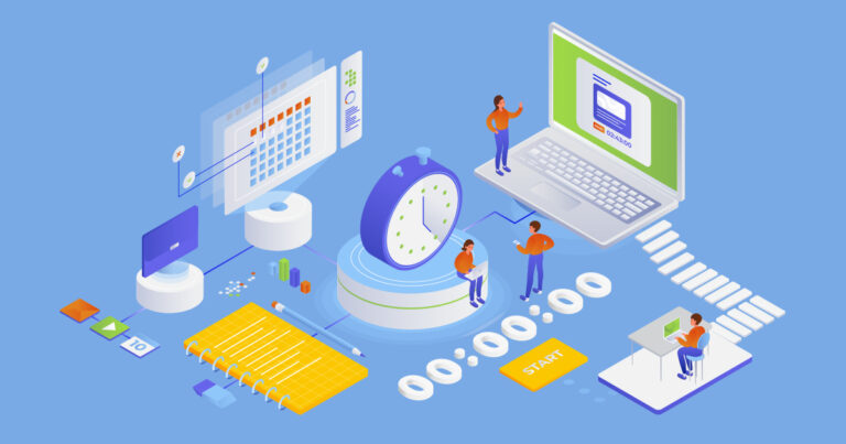 Illustration of legal billing software showing time tracking, online invoicing, case management, and scheduling tools for law firms, featuring attorneys using laptops, digital calendars, and automated billing systems.