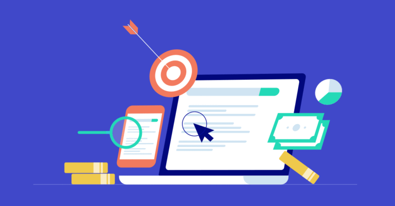 Illustration of a laptop and SEO related icons.