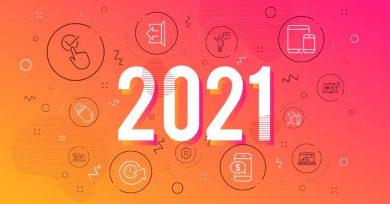 Illustration of 2021 text in the middle of the screen and legal billing software icons.