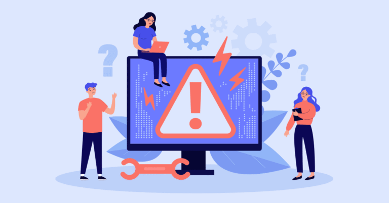 Illustration of computer screen with a warning symbol and lawyers trying to problem solve.
