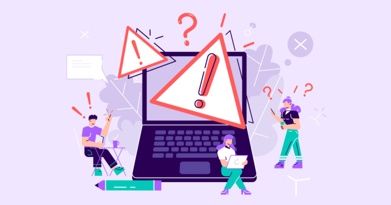 Illustration of a laptop with mistake symbols and marketing people trying to fix website.