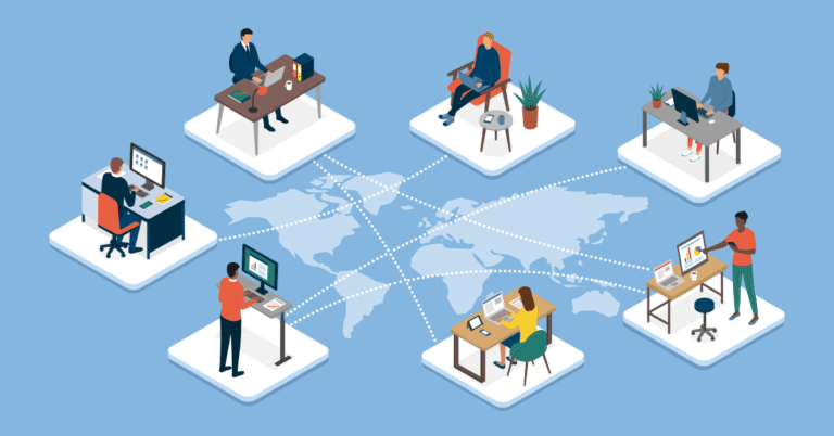 Animated lawyers at desks connected around a world map, representing outsourcing legal blog content for law firms.