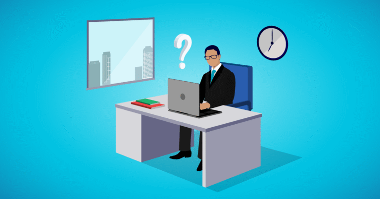 An illustration of a male attorney asking, "What software do most law firms use for timekeeping?"