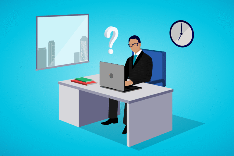 An illustration of a male attorney asking, "What software do most law firms use for timekeeping?"